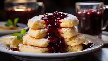 ai genererad gourmet efterrätt tallrik färsk bär, vispad grädde, choklad sås genererad förbi ai foto