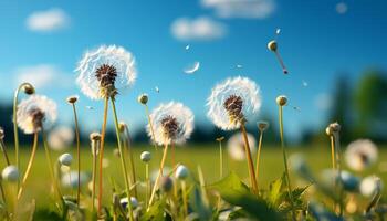 ai genererad färsk maskros utsäde i sommar äng, natur delikat gul skönhet genererad förbi ai foto