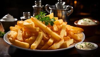 ai genererad nyligen beredd gourmet måltid franska pommes frites, kött, och grillad grönsaker genererad förbi ai foto