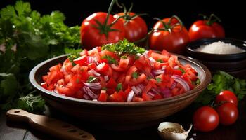 ai genererad friskhet på trä friska sallad, gourmet måltid, organisk lunch genererad förbi ai foto