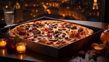 ai genererad gourmet pizza på trä- tabell, stearinljus pizzeria, eftergiven hemlagad måltid genererad förbi ai foto