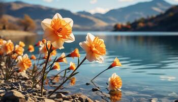 ai genererad de vibrerande gul blomma speglar i de lugn damm genererad förbi ai foto