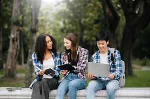 studenter är studerar de campus parkera. ung människor är utgifterna tid tillsammans. läsning bok, arbetssätt med bärbar dator, läsplatta och kommunicerar medan foto