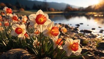 ai genererad gul blomma blommar i äng, omgiven förbi vibrerande grön gräs genererad förbi ai foto