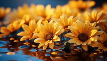 ai genererad gul daisy blomma i vibrerande äng, reflekterande solljus på vatten genererad förbi ai foto