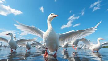 ai genererad flygande fiskmås speglar på de blå vatten, frihet i natur genererad förbi ai foto