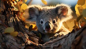 ai genererad söt koala Sammanträde på gren, ser på kamera i skog genererad förbi ai foto