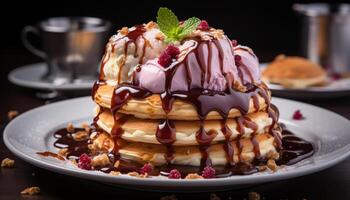 ai genererad hemlagad gourmet pannkaka stack med färsk frukt och choklad sås genererad förbi ai foto