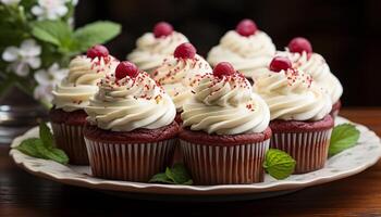 ai genererad hemlagad muffin med färsk bär, vispad grädde, och söt dekoration genererad förbi ai foto