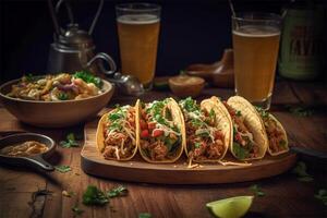 ai genererad mexikansk taco och öl.närbild se foto