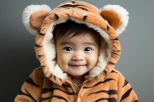ai genererad porträtt av en bebis barn bär en tiger kostym på isolerat bakgrund foto