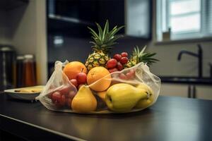 ai genererad närbild se av färgrik frukt i en netto foto