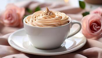 ai genererad färsk cappuccino med krämig mjölk och choklad på en tabell genererad förbi ai foto