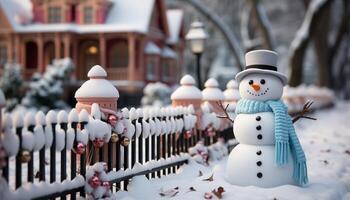 ai genererad vinter- firande snögubbe ler, natur dekorerar, kulturer förena i glädje genererad förbi ai foto