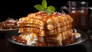 ai genererad nyligen bakad pannkaka med choklad sås och caramelized frukt genererad förbi ai foto