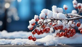 ai genererad vinter- skönhet i natur snö täckt gren, frost kysste blad, färsk snöflinga genererad förbi ai foto