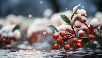 ai genererad friskhet av vinter- snö täckt gren med frysta bär frukt genererad förbi ai foto