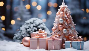 ai genererad jul träd dekoration lysande i de mörk, insvept i gåva låda genererad förbi ai foto