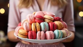 ai genererad ung vuxen kvinna innehav en stack av hemlagad macaroons genererad förbi ai foto