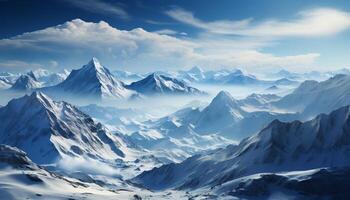 ai genererad majestätisk berg topp, snö täckt landskap, lugn scen, blå himmel genererad förbi ai foto