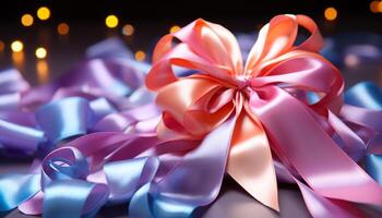 ai genererad födelsedag firande gåva låda insvept i skinande blå och lila genererad förbi ai foto