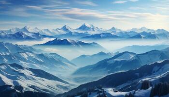 ai genererad majestätisk berg topp, snö täckt landskap, lugn scen, blå himmel genererad förbi ai foto