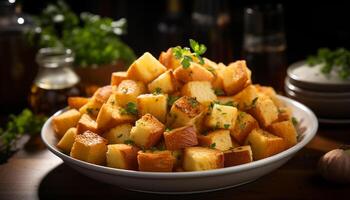 ai genererad friskhet och friska äter på en trä- tabell, gourmet vegetarian måltid genererad förbi ai foto