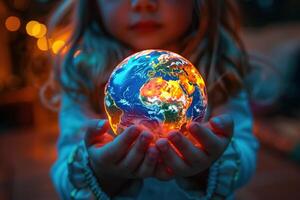 ai genererad glas jord sfär glöder med ljus orange ljus i de händer av en liten flicka på en suddig bakgrund foto
