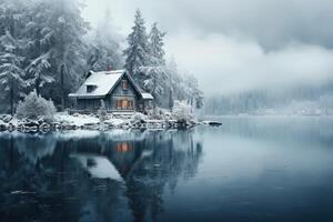 ai genererad vinter- landskap små ensam trä- hus på de sjö i de snöig skog med dimma foto