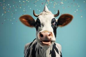 ai genererad Lycklig ko i en festlig hatt under faller konfetti på en blå bakgrund. rolig djur- begrepp foto