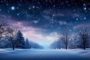 ai genererad vinter- undra snö täckt träd under en starry himmel på natt foto