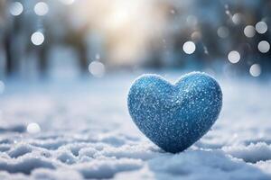 ai genererad vinter- kärlek symbol blå hjärta på snö med bokeh bakgrund foto