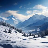 ai genererad snö draperad bergen form en lugn och förtjusande vinter- sagoland för social media posta storlek foto