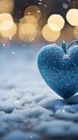 ai genererad vinter- kärlek symbol blå hjärta på snö med bokeh bakgrund vertikal mobil tapet foto