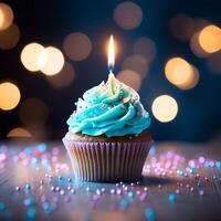 ai genererad stearinljus glädje födelsedag muffin med blå bokeh bakgrund för social media posta storlek foto