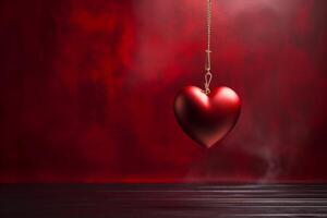ai genererad kärlek i suspension röd hjärta hänger mot en mörk röd bakgrund foto