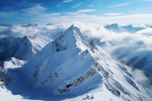 ai genererad vinter- undra snö täckt bergen i en topp se panorama- scen foto