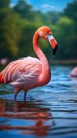 ai genererad vatten balett stänga upp av en skön rosa flamingo på en sjö vertikal mobil tapet foto