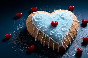 ai genererad kaka kärlek hjärta formad behandla med glasyr på en mörk blå bakgrund foto