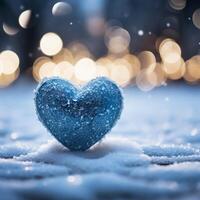 ai genererad vinter- kärlek symbol blå hjärta på snö med bokeh bakgrund för social media posta storlek foto