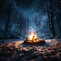 ai genererad mysigt vinter- scen bål i de snöig skog på natt för social media posta storlek foto