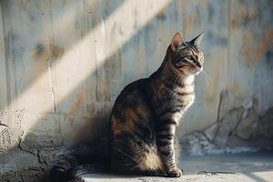 ai genererad enslig katt uppflugen på rum cement golv, kontemplativ ensamhet fångad foto