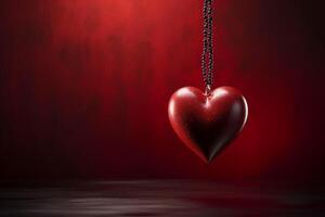 ai genererad innerlig visa röd hjärta hängande på en rep, mörk röd bakgrund foto