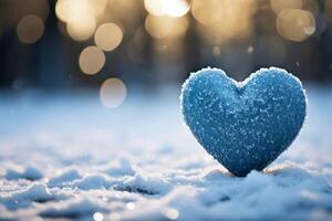 ai genererad vinter- kärlek symbol blå hjärta på snö med bokeh bakgrund foto
