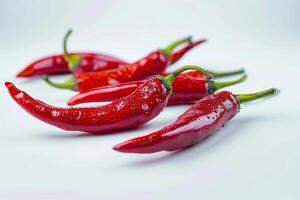 ai genererad röd varm chili paprikor på vit bakgrund, vibrerande och kryddad stänga upp foto