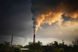 ai genererad förorening verklighet lång skorsten förorenar luft med vatten ånga och rök foto