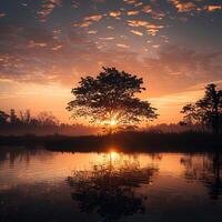 ai genererad morgon- Sol stigande över träd förbi de vatten, lugn silhuett för social media posta storlek foto