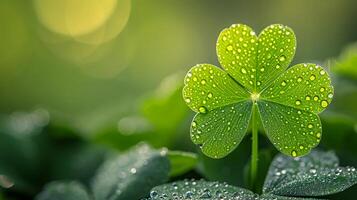 ai genererad närbild irländsk vitklöver med droppar av dagg på dess löv. st. Patricks dag bred baner. ai genererad foto