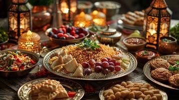 ai genererad överdådigt uppsättning tabell med traditionell eid al-fitr maträtter. biryani, maamoul, ren khurma. ai genererad foto