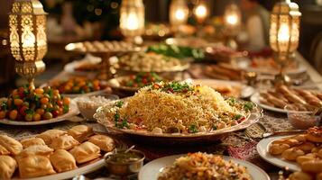 ai genererad överdådigt uppsättning tabell med traditionell eid al-fitr maträtter. biryani, maamoul, ren khurma. ai genererad foto